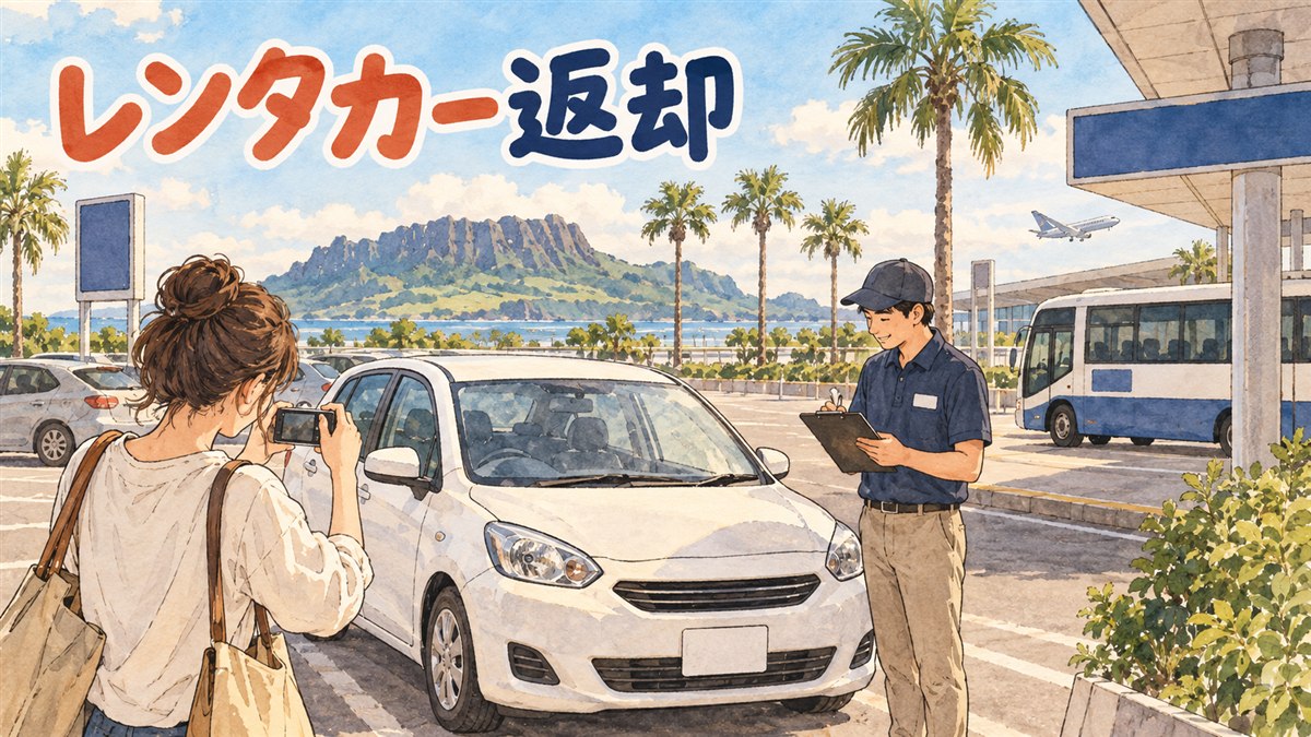済州空港近くのレンタカー会社の駐車場で、スタッフと旅行者が車の周りを歩きながら車体をチェックしているシーン