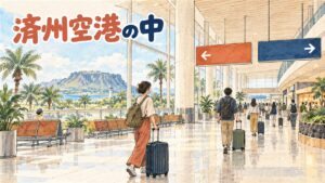 済州国際空港のターミナル内観、案内表示とスーツケースを引く旅行者