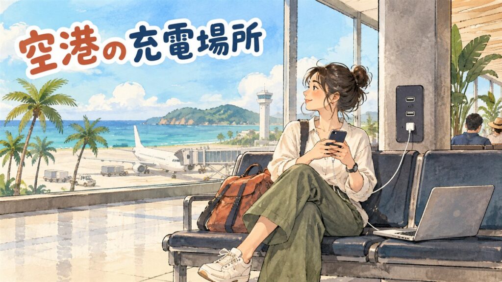 済州国際空港の搭乗待合エリアでスマートフォンを充電しながらWi-Fiに接続する旅行者の様子を示した図