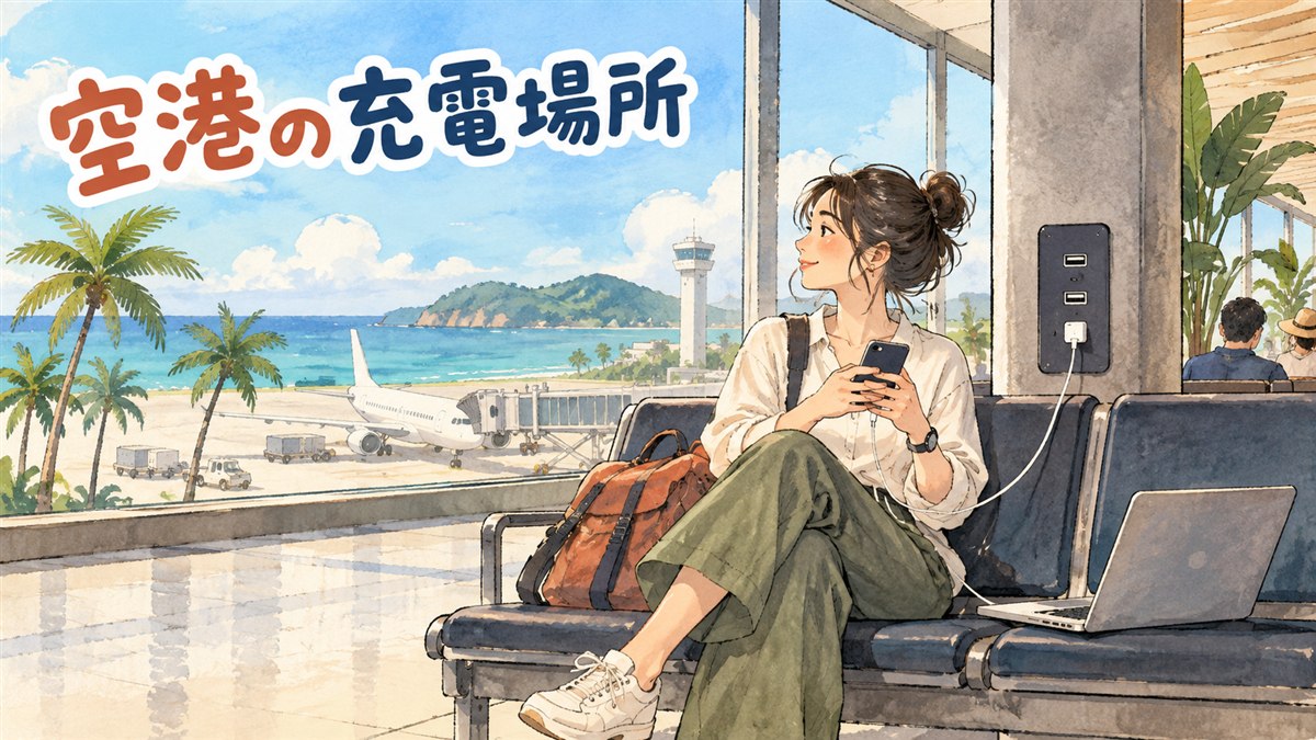 済州国際空港の搭乗待合エリアでスマートフォンを充電しながらWi-Fiに接続する旅行者の様子を示した図