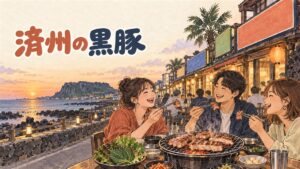 済州市内の黒豚通りで炭火焼きの黒豚が焼ける屋台風の店先