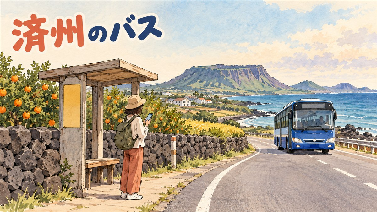 済州島の道路を走る路線バスと、スマホでバス経路を検索する旅行者の様子