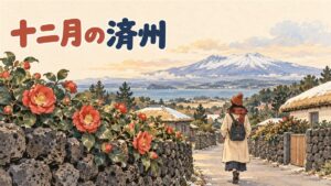 冬の済州島で防寒着を着た旅行者が椿の花を眺めているイメージ