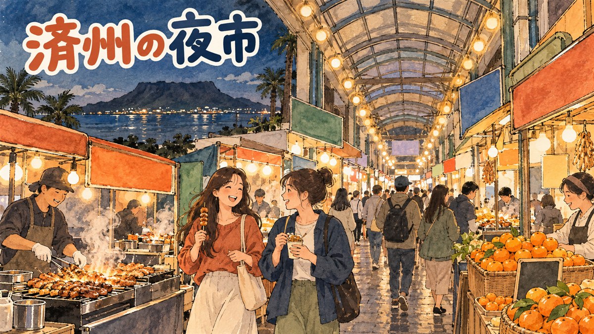 済州東門市場の夜市で屋台の明かりが並ぶ通りの様子