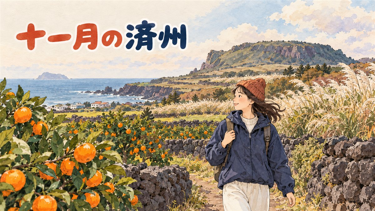 済州島の11月、コートを着た旅行者がオルレ길沿いのみかん畑を歩いている様子