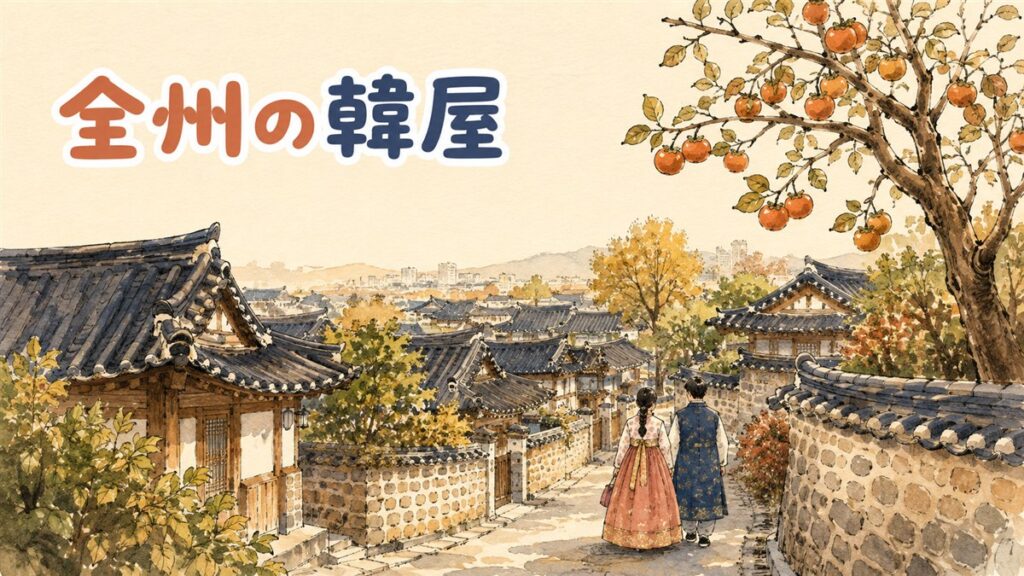 全州韓屋村の瓦屋根が連なる街並みを望む一枚