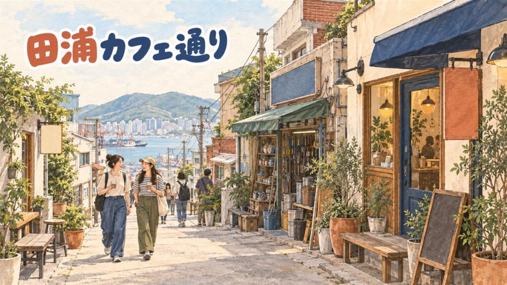 釜山・田浦カフェ通りの路地に並ぶ小さなカフェの外観
