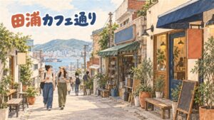 釜山・田浦カフェ通りの路地に並ぶ小さなカフェの外観