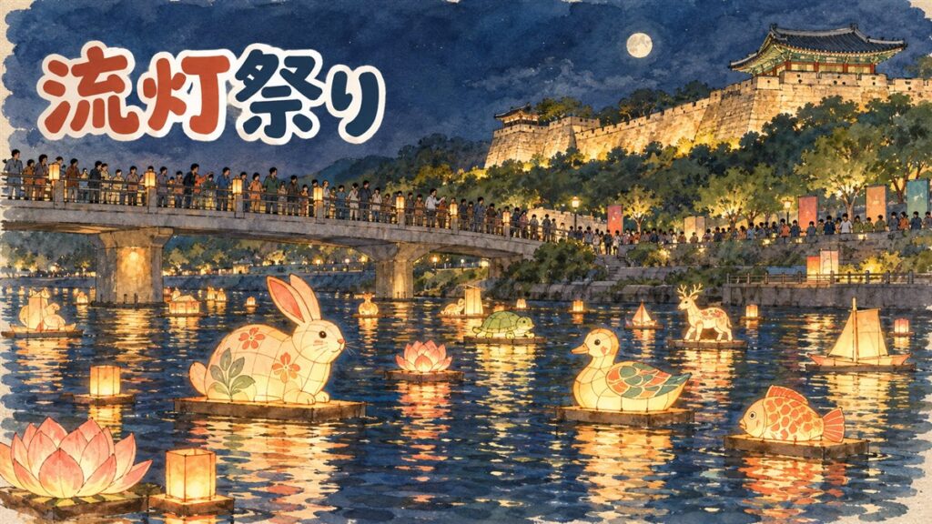晋州南江流灯祭りで南江に浮かぶ無数の灯籠と、ライトアップされた晋州城の城壁の夜景