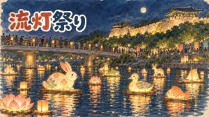 晋州南江流灯祭りで南江に浮かぶ無数の灯籠と、ライトアップされた晋州城の城壁の夜景