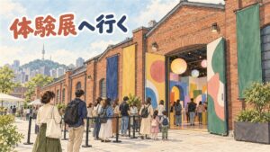 ソウル聖水エリアでクレヨンしんちゃんの体験展を楽しむ家族連れのイメージ