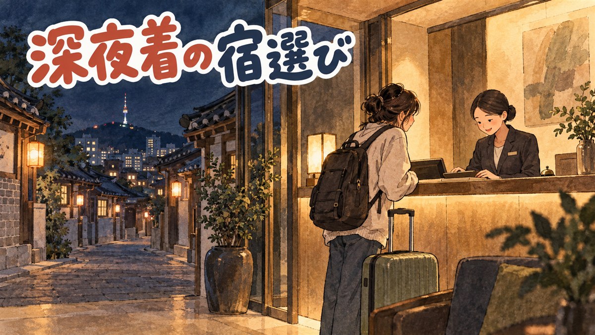 鍾路の夜、明かりが灯るホテルのフロントで深夜到着の旅行者を迎えるイメージ