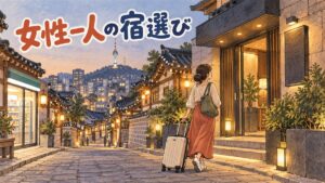 鍾路の夜、明るい大通り沿いのホテル入口へ向かう女性旅行者