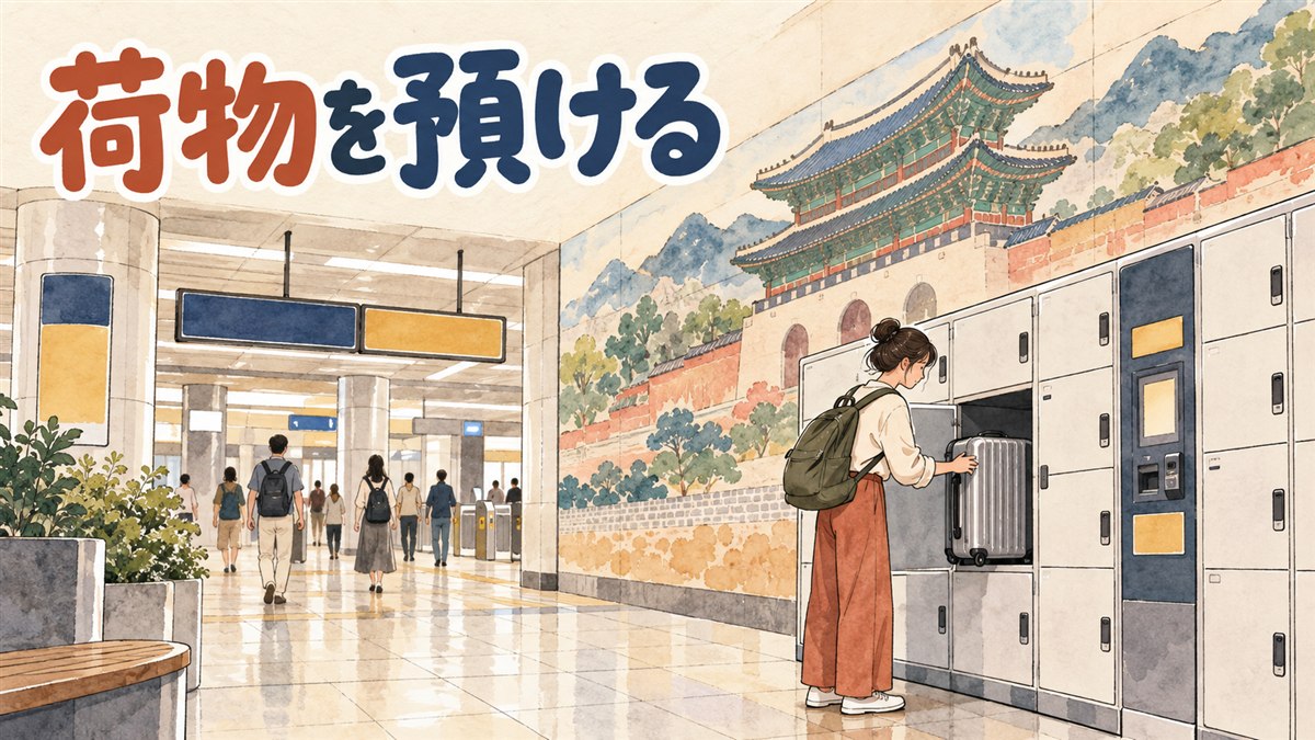 鍾路・仁寺洞エリアの地下鉄駅で荷物を預ける場所を探す旅行者のイメージ