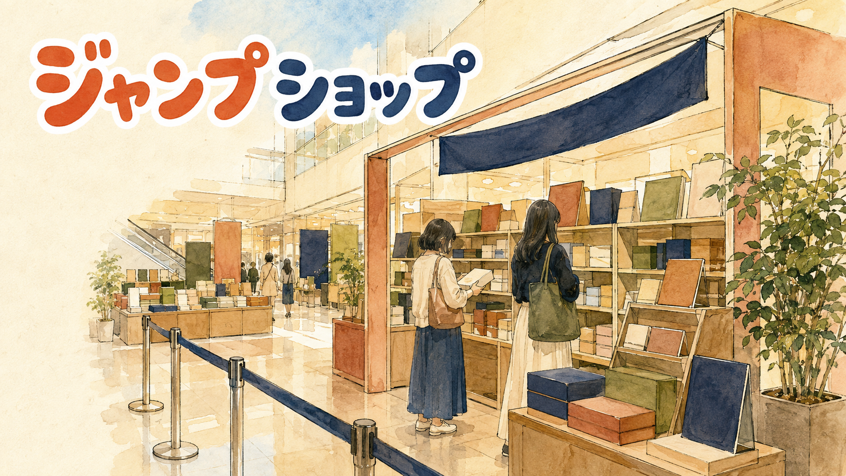 百貨店の催事フロアに設けられた期間限定ショップの入口と、棚の商品を見る来店客