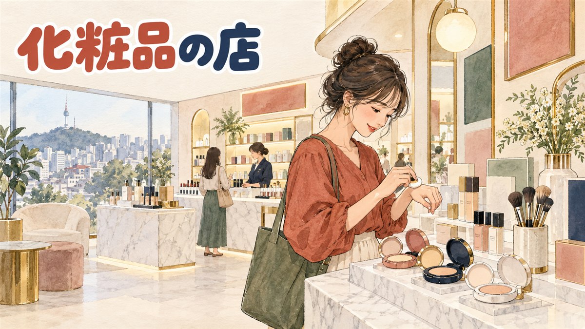 ジョンセンムルの化粧品と韓国の旗艦店ショップフロントのイメージ