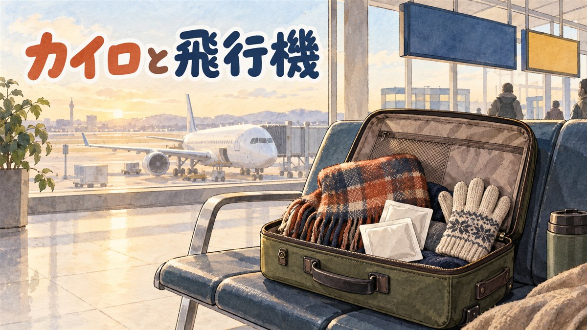 冬支度の旅行者が空港でカイロとスーツケースを前に持ち物を確認している様子