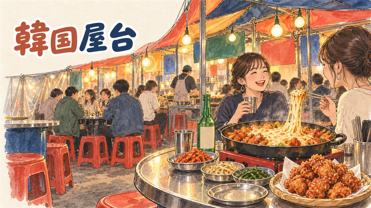 韓国屋台ハンサムの店内風景と看板メニューのサムギョプサルをイメージしたイラスト