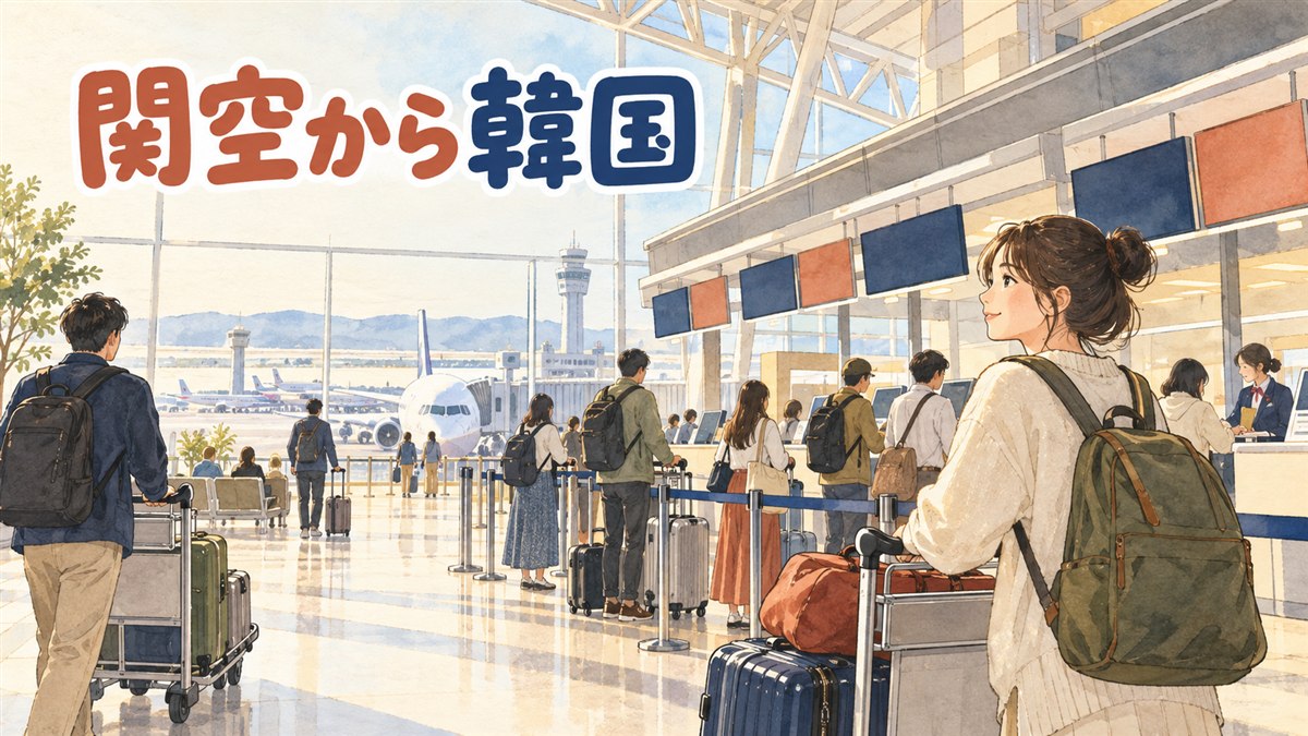 関西空港第1ターミナルの国際線出発フロアでスーツケースを引く旅行者の後ろ姿