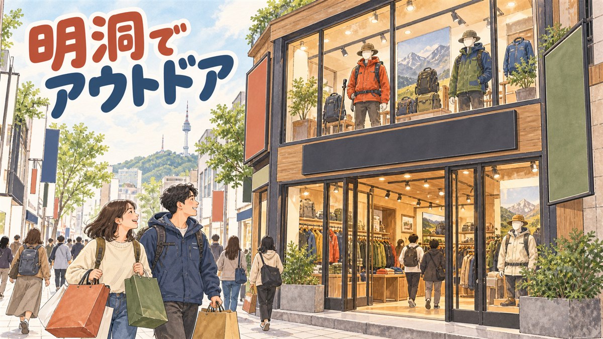 명동 거리에 있는 아웃도어 플래그십 매장 외관과 등산 재킷을 보는 외국인 관광객
