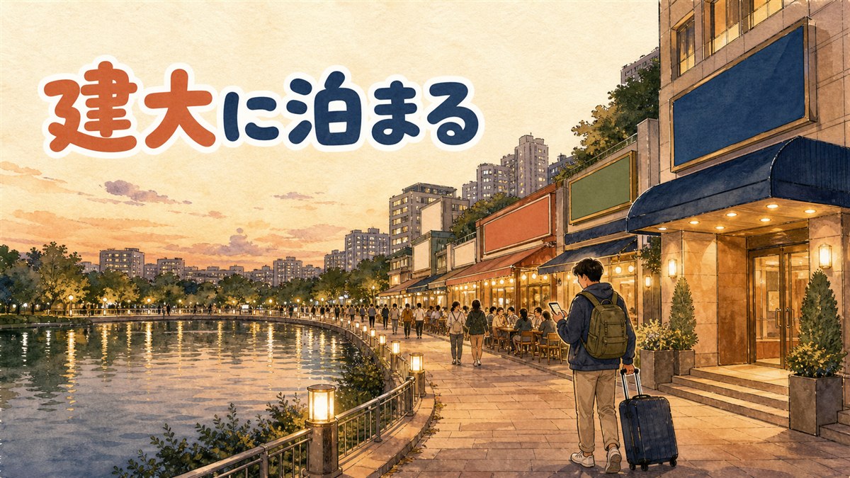 建大入口駅周辺の学生街の夜の飲食店通りの様子