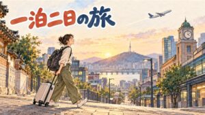 早朝の空港で機内持ち込みサイズのスーツケースを引く旅行者が、搭乗ゲートへ向かって歩いている情景