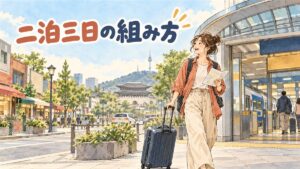 スーツケースを引いて空港の出発案内板を見上げる旅行者の情景