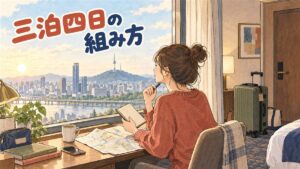 韓国旅行3泊4日のスーツケースと航空券、地図アプリを開いたスマホが並ぶ準備の様子