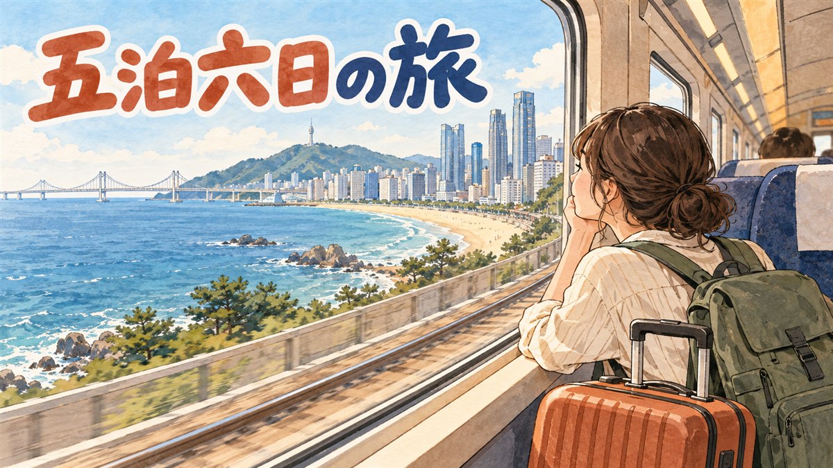 韓国5泊6日の旅程を示すスーツケースと地図のイメージ