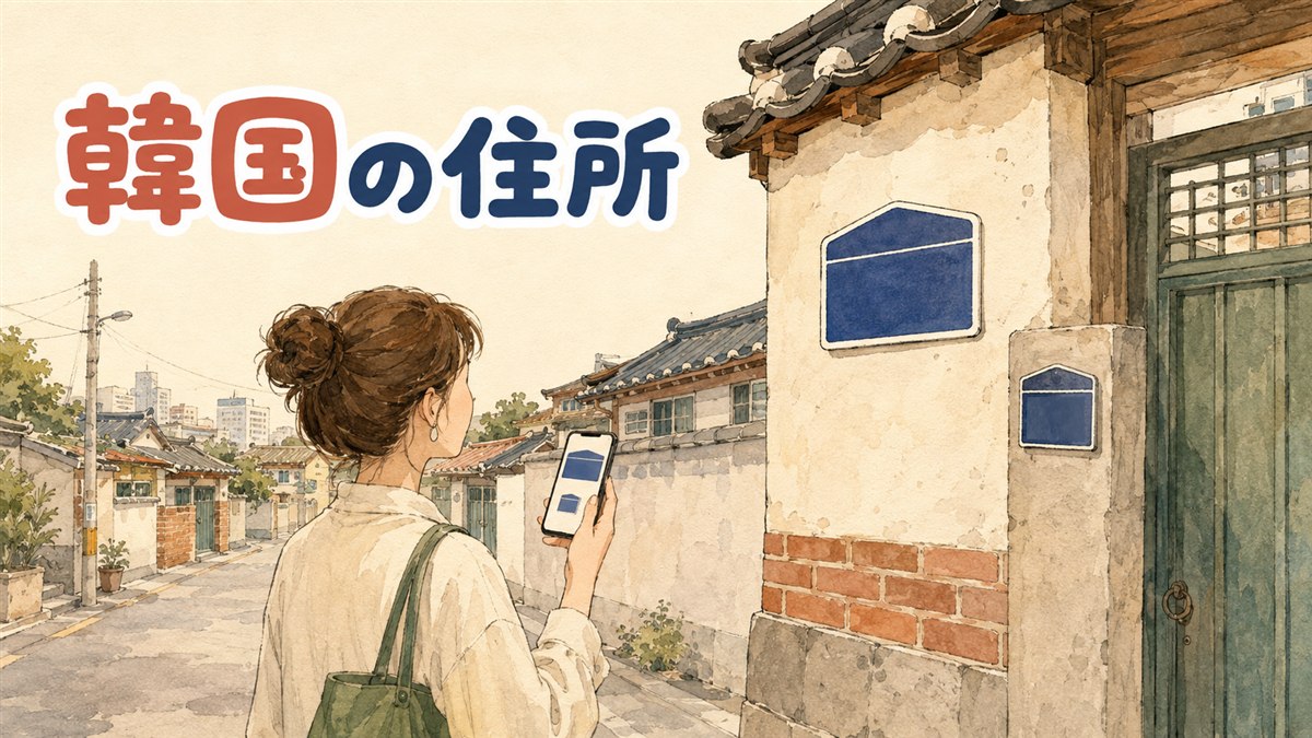 韓国の道路名住所の標識を見上げながらスマートフォンの地図アプリで現在地を確認する旅行者の後ろ姿