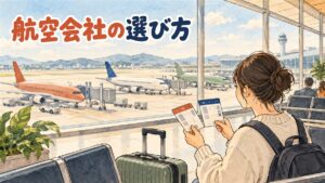 空港の出発ロビーでスーツケースを引く旅行者たちが、韓国行きの便名が並ぶ案内板を見上げている情景