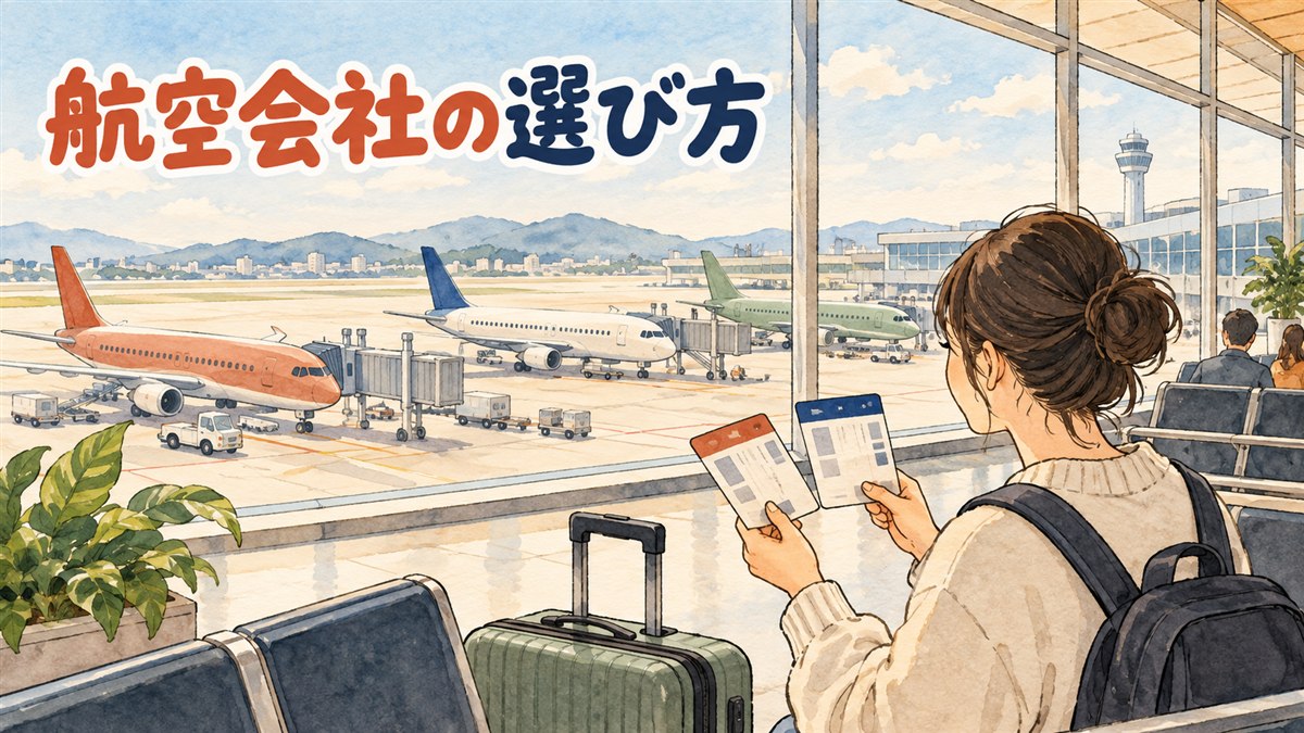 空港の出発ロビーでスーツケースを引く旅行者たちが、韓国行きの便名が並ぶ案内板を見上げている情景