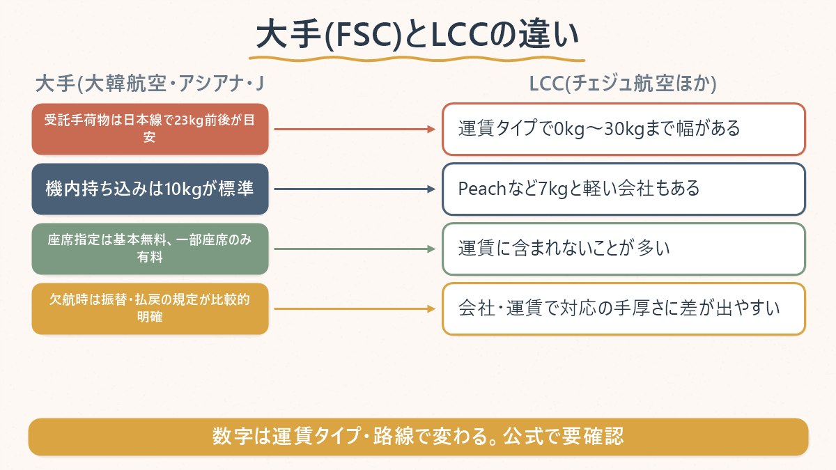 大手(FSC)とLCCで、受託手荷物・機内持ち込み・座席指定・欠航対応がどう違うかを見取り図にした図