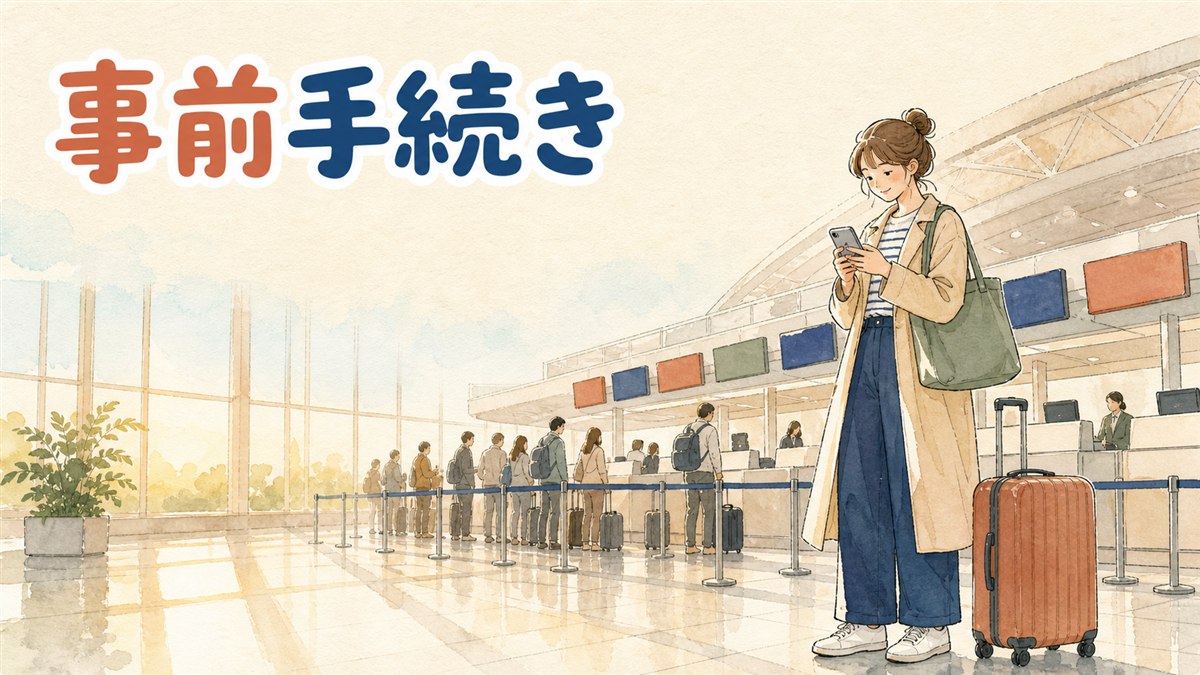 空港の出発ロビーでスマートフォンの搭乗券を確認しながらスーツケースを運ぶ旅行者の様子
