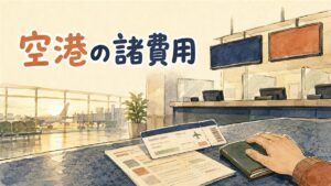 空港の出発ロビーで航空券の運賃明細を確認している旅行者のイメージ