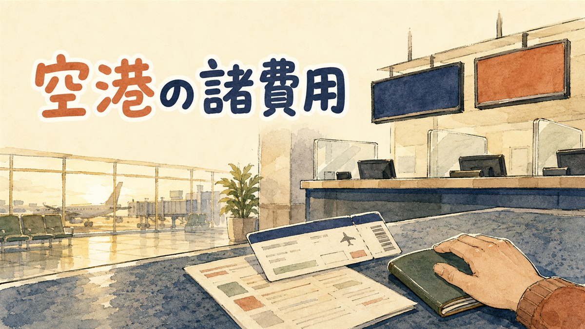 空港の出発ロビーで航空券の運賃明細を確認している旅行者のイメージ