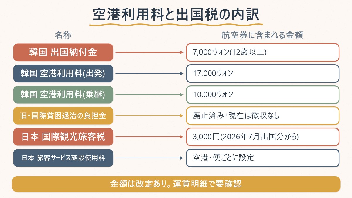 韓国と日本、それぞれ航空券に含まれる出国関連の税・利用料の内訳を並べた図
