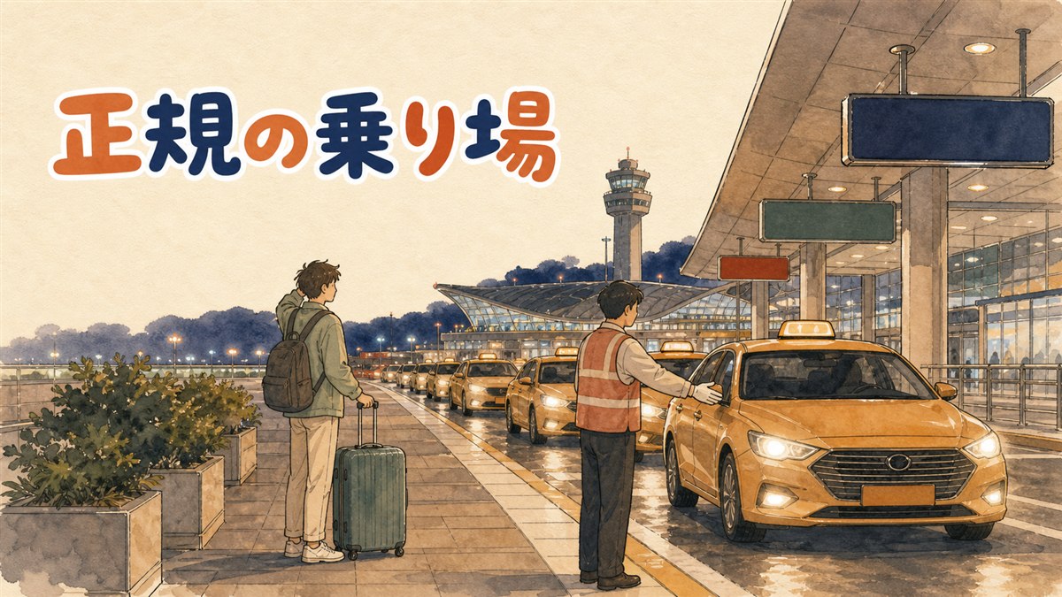 仁川国際空港の到着ロビーでスーツケースを持った旅行者がタクシー乗り場の列に並んで待っている様子