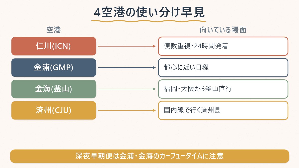 4つの空港がそれぞれどんな場面に向いているかの対応
