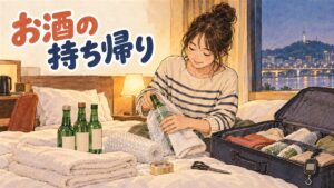 韓国土産の焼酎やマッコリの瓶を日本行きのスーツケースに詰める様子