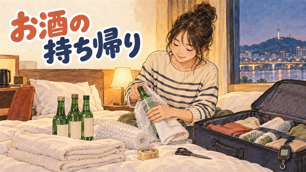 韓国土産の焼酎やマッコリの瓶を日本行きのスーツケースに詰める様子