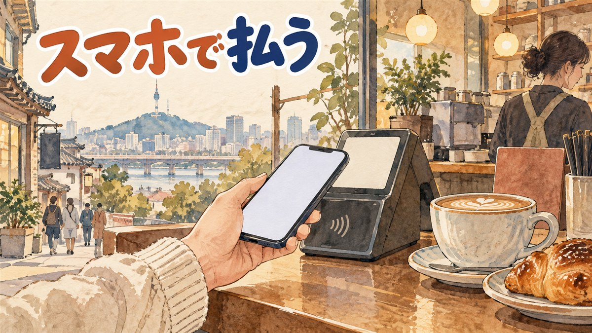 韓国のカフェのレジでスマホを決済端末にかざそうとする旅行者