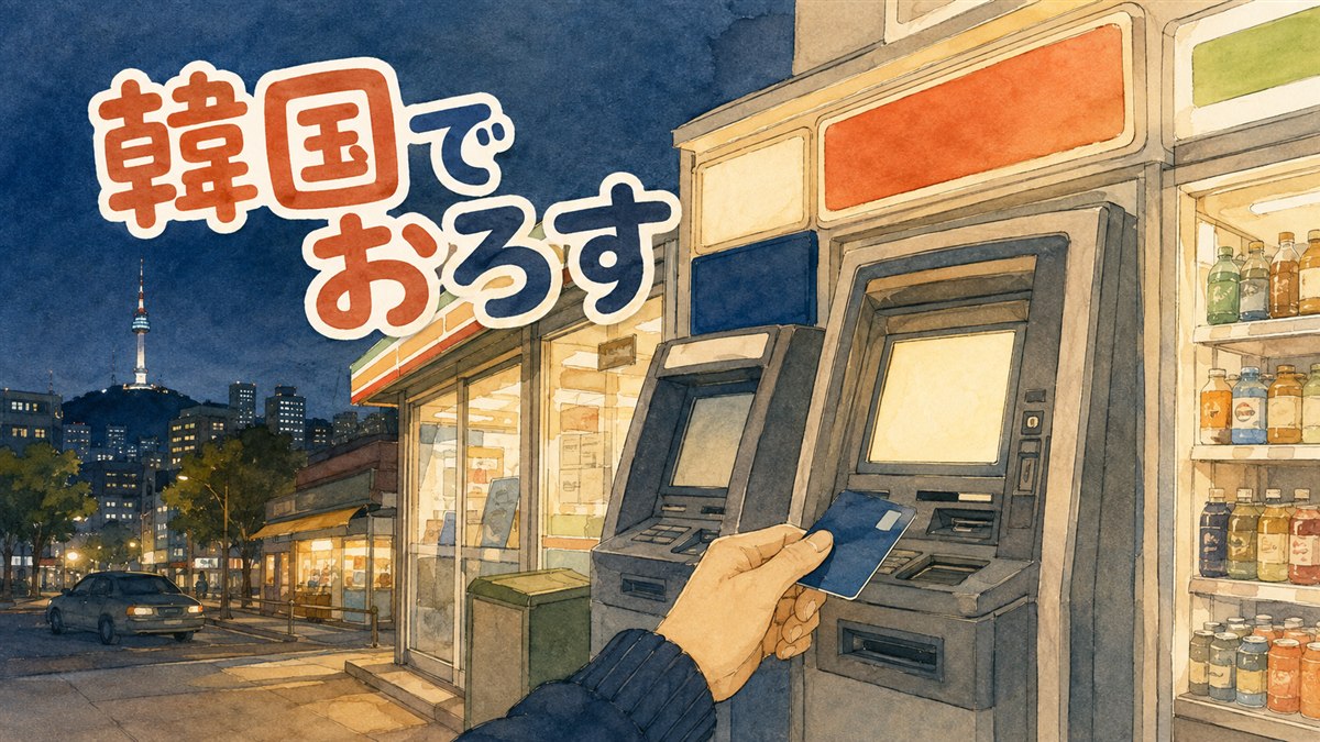韓国の街なかATMコーナーで日本のカードを使って現金を引き出そうとする旅行者の様子