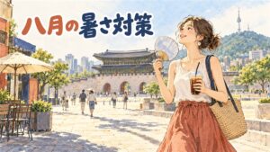 真夏のソウルの街を日傘とサコッシュで歩く旅行者