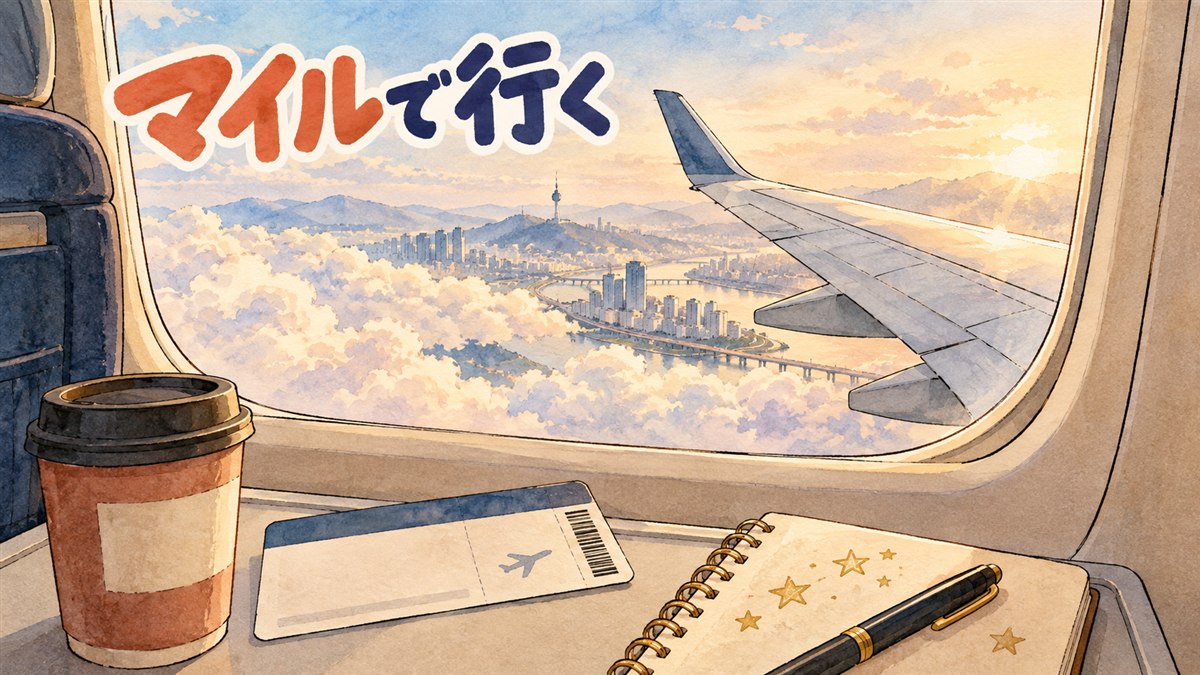 日本発ソウル行きの特典航空券をマイルで手配しようとしている旅行者のイメージ