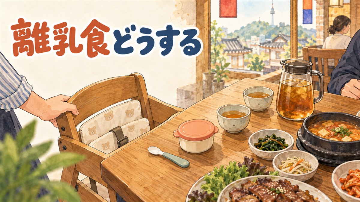 韓国のカフェでベビーチェアに座った赤ちゃんに離乳食をあげる家族連れの写真イメージ