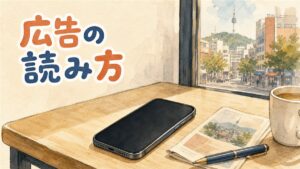 カフェの木のテーブルに画面を上にして置かれたスマートフォンと、折りたたんだ紙のリーフレット、万年筆、コーヒーカップが並び、窓の外にソウルの街並みが見えるイラスト。韓国の医療広告の禁止類型と事前審議を整理した記事のアイキャッチ画像
