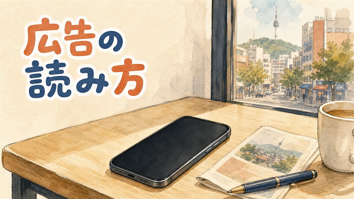 カフェの木のテーブルに画面を上にして置かれたスマートフォンと、折りたたんだ紙のリーフレット、万年筆、コーヒーカップが並び、窓の外にソウルの街並みが見えるイラスト。韓国の医療広告の禁止類型と事前審議を整理した記事のアイキャッチ画像
