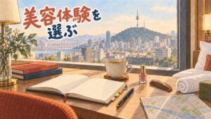 ソウルのホテルの窓辺の机を描いた水彩イラスト。白紙のノートと付箋、ペン、くし、ネイルの小瓶、丸めたタオル、紅茶、文字のない地図。窓の外に漢江と南山タワー。左上に「美容体験を選ぶ」の手書き文字
