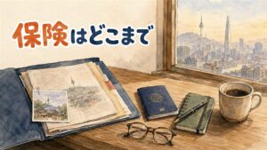 窓辺の木の机に開いた書類のフォルダ、パスポート、小さな手帳、ペン、老眼鏡、コーヒーのカップが置かれ、右の窓の向こうにソウルの街並みがかすんで見える朝のイラスト。韓国の美容医療に健康保険・旅行保険・海外療養費が使えるかを整理した記事のアイキャッチ画像